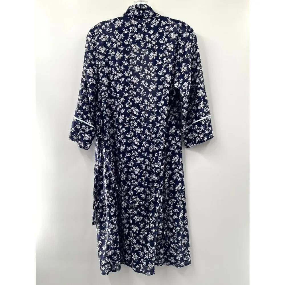 Papinelle Women's Navy Blue Cotton Floral 3/4 Sleeve Sleepwear Robe Size Small